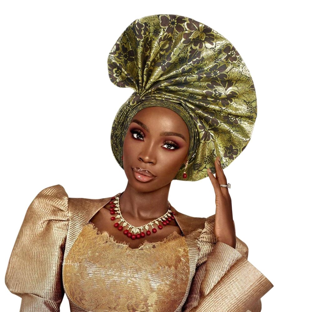 2914 Auto Gele African Head Tie of Nigeria ASO Oke Headwraps Hat Turban